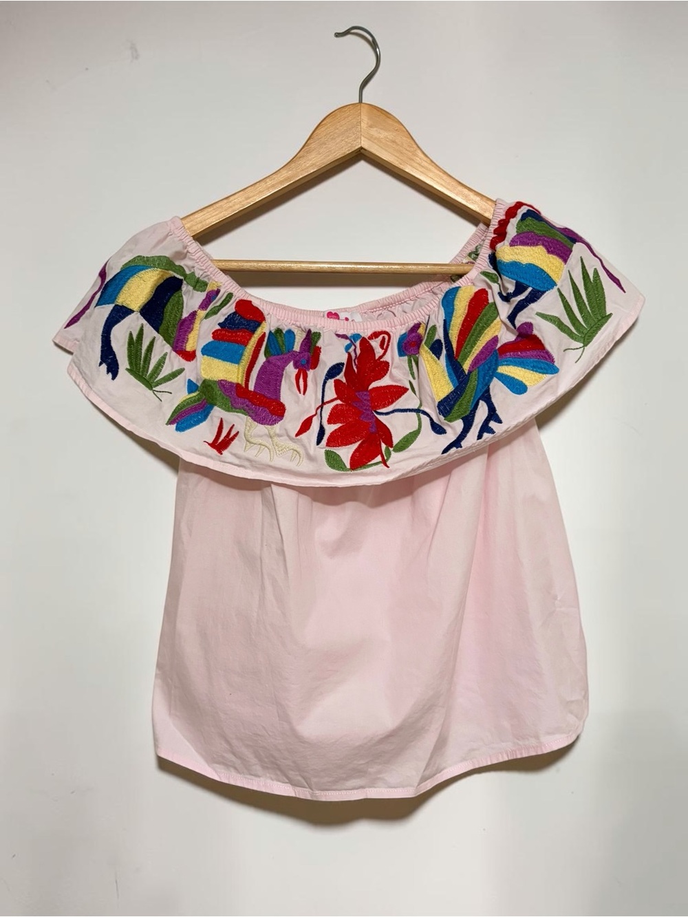 BuddyLove Pink Embroidered Off The Shoulder Ruffle Top Small Boho Mexican Folk